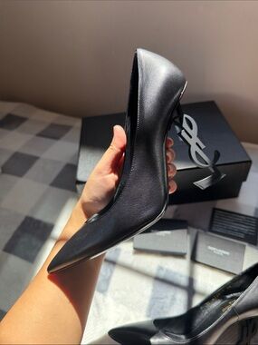 Saint Laurent Black Leather Pointed Toe Pumps with YSL Logo Heels